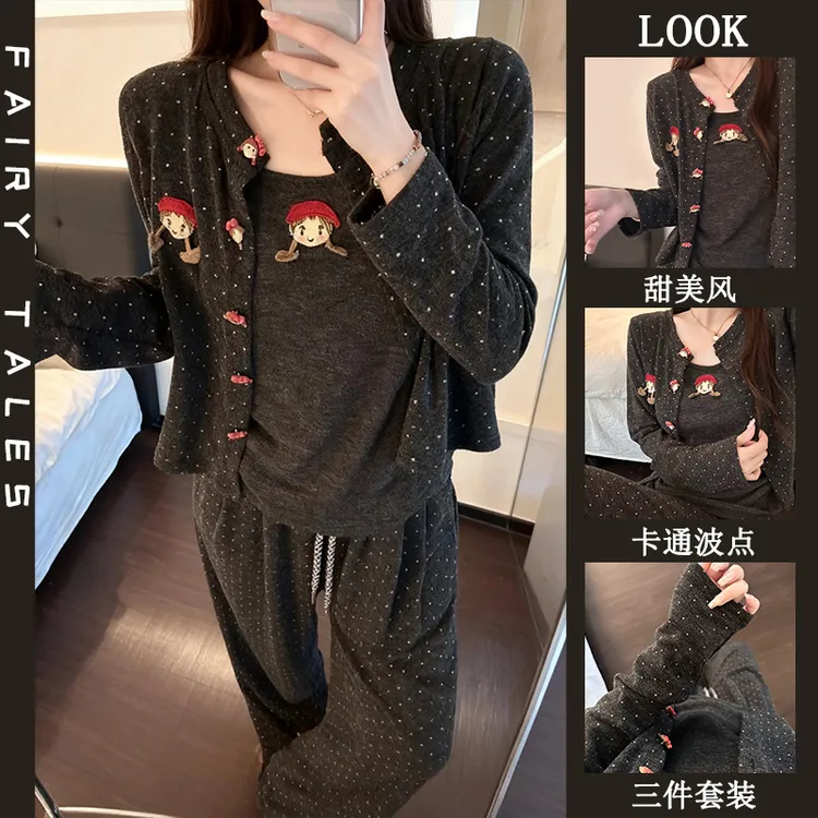 绵羊绒小红帽卡通波点睡衣女秋冬季甜美风韩版可外穿三件套家居服