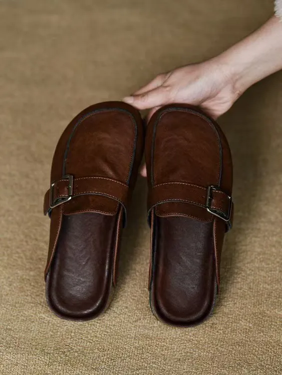 意大利设计圆头勃肯鞋女2025夏秋新款平底复古包头一代扣装饰拖鞋