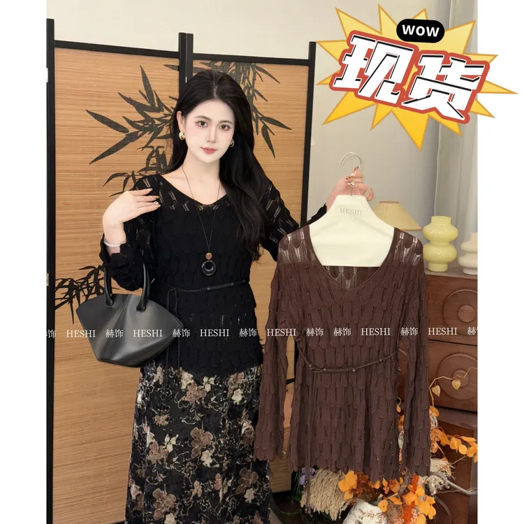 现货【嘎嘎】胖MM秋季新款2025大码遮肉气质针织上衣两件套08023D
