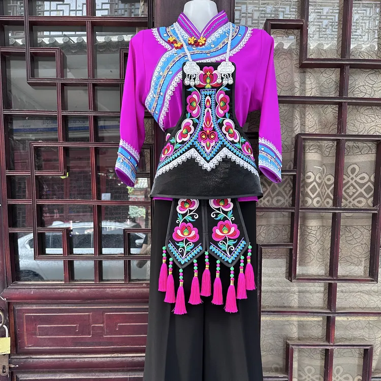 云南少数民族套装楚雄牟定彝族左脚舞服饰四件套上衣裤子围腰飘带