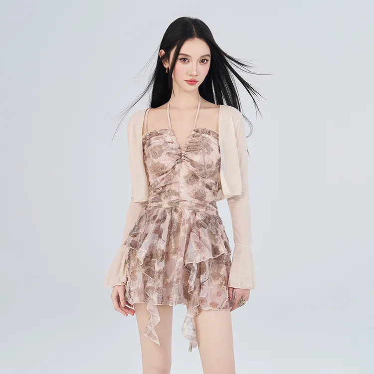 裙式印花连体泳衣保守遮肚显瘦少女小胸聚拢纯欲风泡温泉高级感