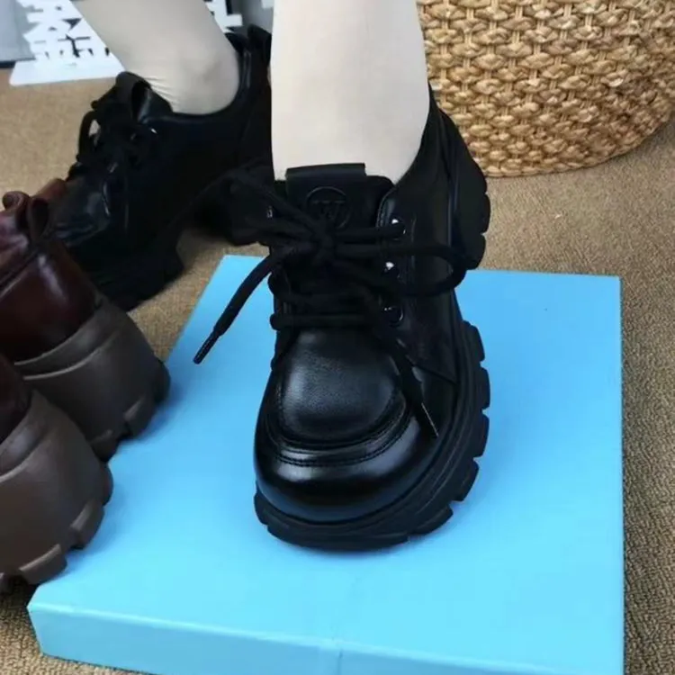 复古厚底系带松糕底增高鞋子女日常通勤鞋轻便时尚真皮小个子女鞋