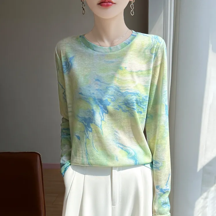 新款透气常规长袖T恤针织衫纱网轻职风极简风长袖修身型洋气小衫