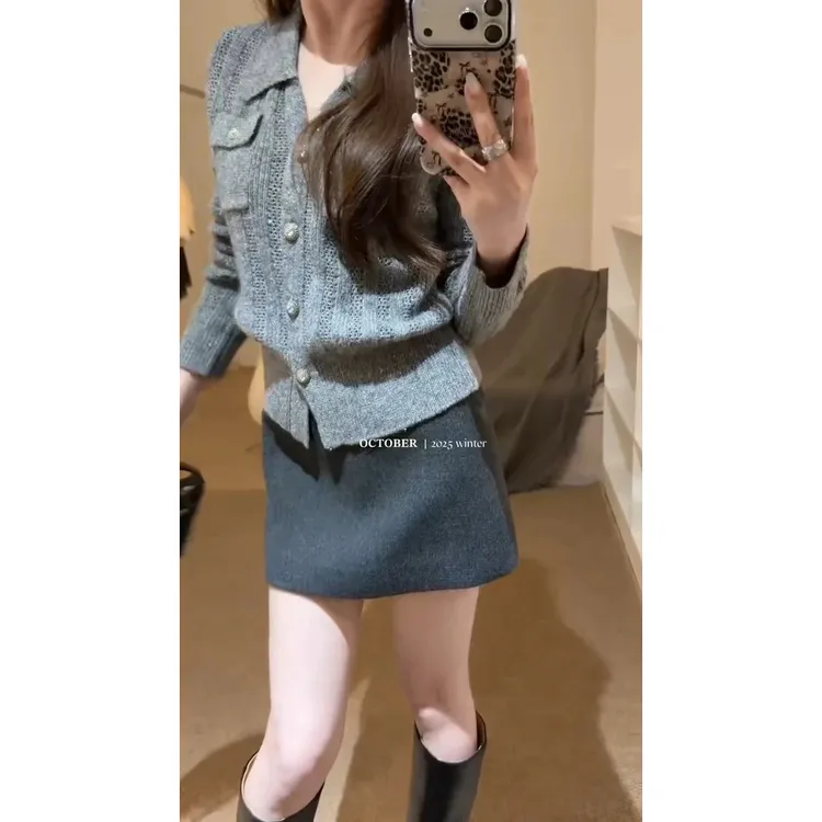 秋冬新款法式气质小香风时尚针织衫长袖开衫上衣高腰百搭半身裙