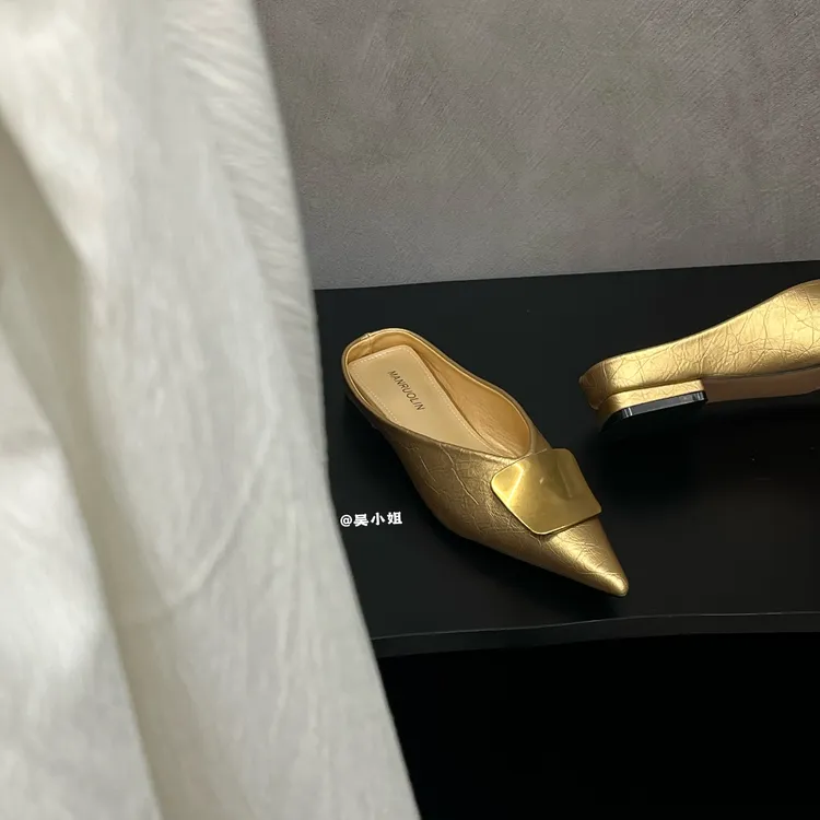 2025夏季新款金属扣尖头平跟包头半拖时尚百搭软底网红穆勒拖鞋