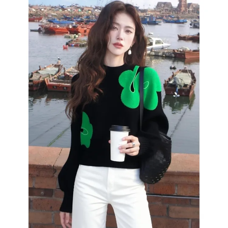 秋冬氛围感穿搭上衣韩系小众不撞款软糯慵懒风气质印花针织毛衣女