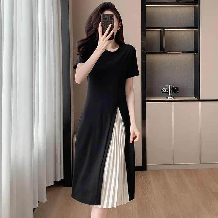 夏季大码女装拼接连衣裙胖妹妹中国风显瘦设计感中长款裙子