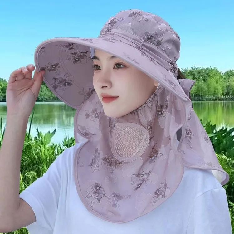 防紫外线采茶帽子户外凉帽透气遮阳帽大帽檐围巾一体太阳帽帽女士