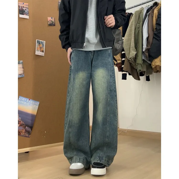 美式cleanfit阔腿弯刀牛仔裤男士秋冬季痞帅潮牌垂感休闲加绒裤子