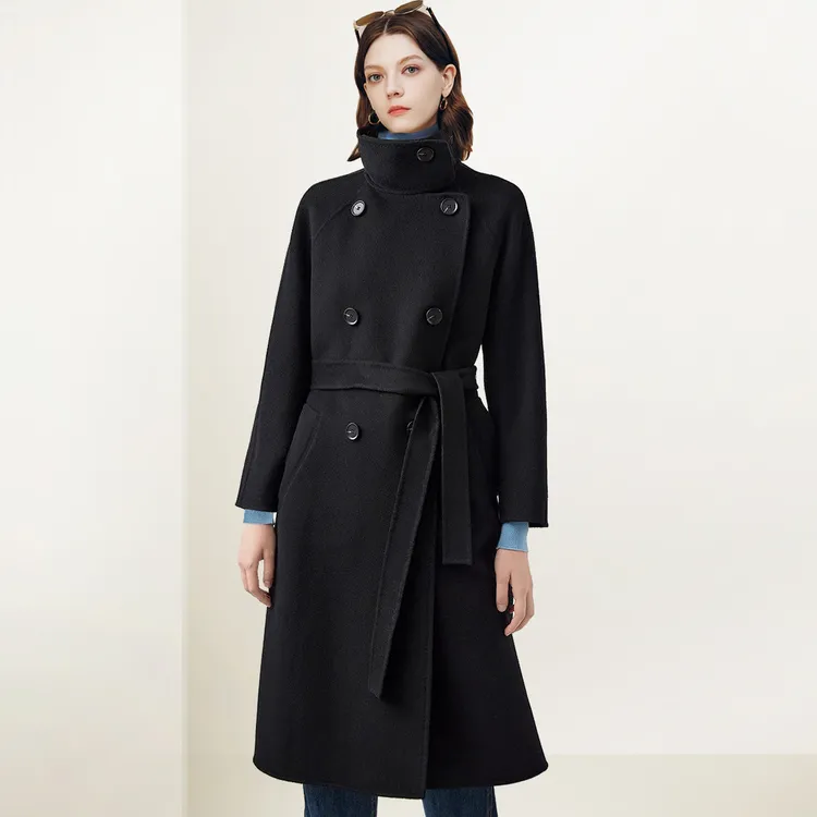 QOOEL时尚高级气质优雅外套2025冬季新款修身复古双排扣毛呢大衣