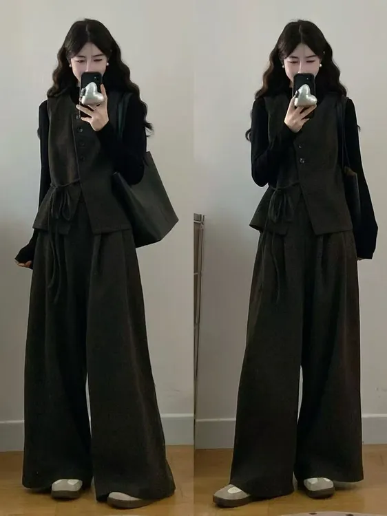 大码女装胖mm新款时尚毛呢马甲+T恤+阔腿裤三件套2025宽松显瘦潮