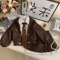 T3【悦禾】秋款上新卡其色秋季长袖儿童女宝皮衣时尚休闲套装7593