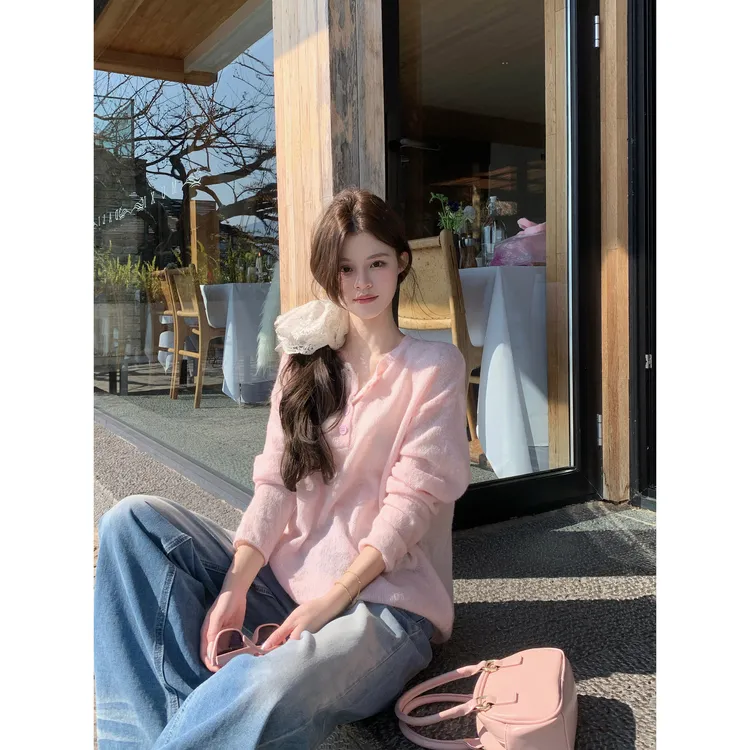 亨利领微透薄款针织衫卷边甜美长袖防晒外套宽松空调罩衫20793