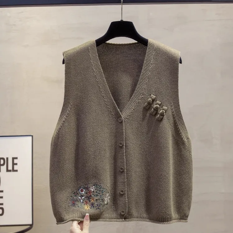 正版开衫v领针织马甲背心女2025秋冬新款宽松外穿马夹国风毛坎肩