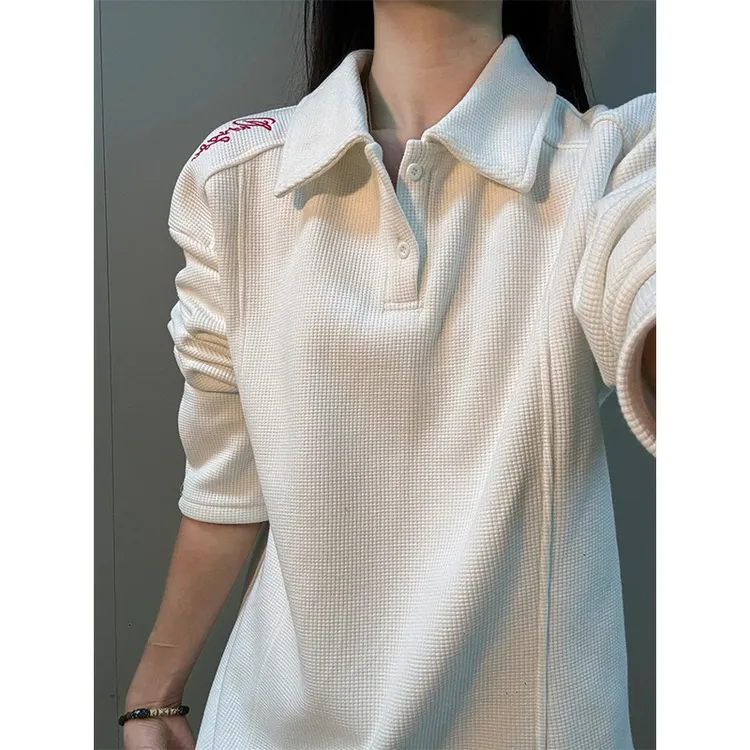 白色美式刺绣POLO衫卫衣男款秋冬季加绒加厚潮牌不规则长袖T恤