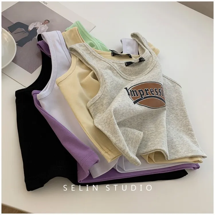 春夏上新吊带背心女带胸垫街头辣妹字母印花打底外穿潮流百搭短款