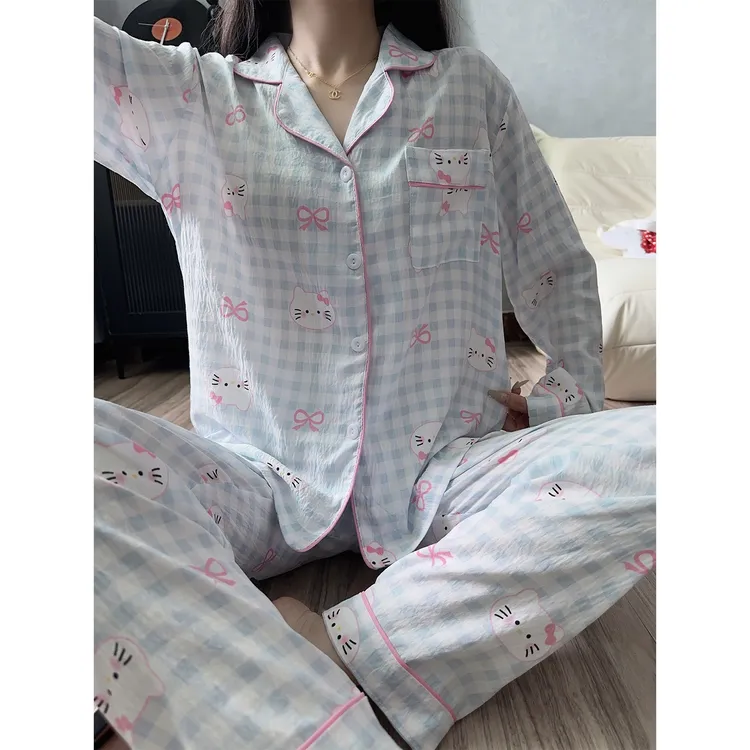 KT猫睡衣女长袖云朵棉蓝格子套装春秋季新款少女家居服套装冬天
