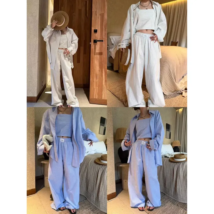 2025早秋条纹套装女慵懒风宽松衬衣+修身背心+垂感阔腿长裤三件套