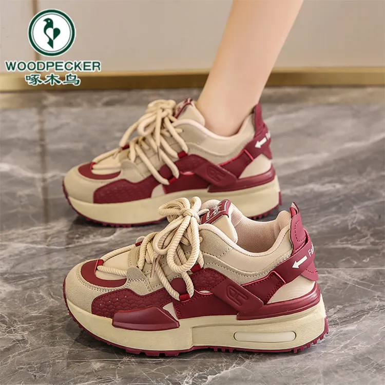 【正品】啄木鸟女鞋2025新款春季显脚小增高老爹鞋女厚底休闲运动鞋