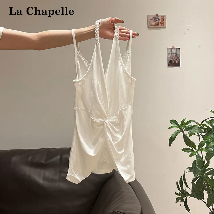 拉夏贝尔纯欲性感拼接蕾丝扭结褶皱挂脖背心女夏修身V领百搭上衣