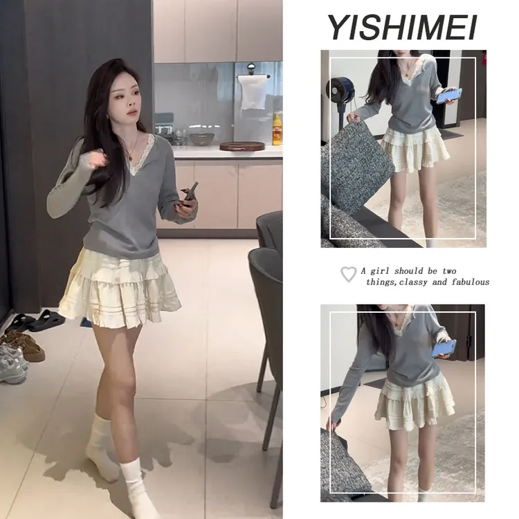 秋季温柔系穿搭女2025新款时尚V领长袖上衣甜美短裙两件套