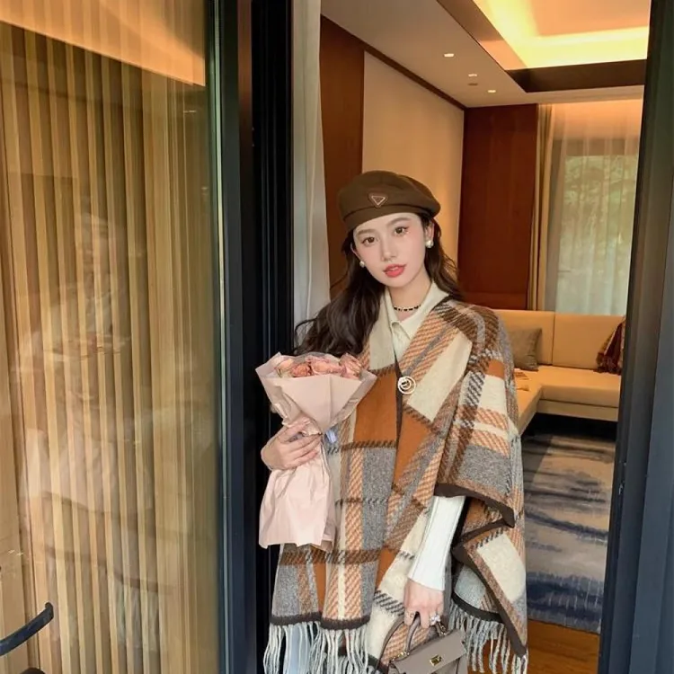 秋冬美拉德色系针织气质网红大披肩波西米亚风格冬季保暖格子百搭