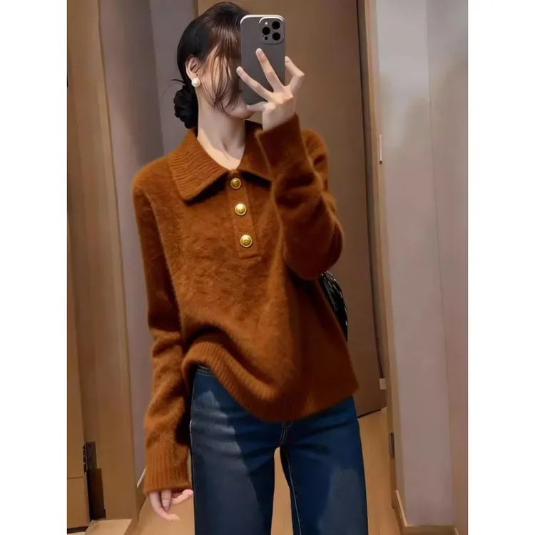 复古简约风慵懒松弛高级流行咖色上衣女2025冬POLO领半扣毛绒毛衣