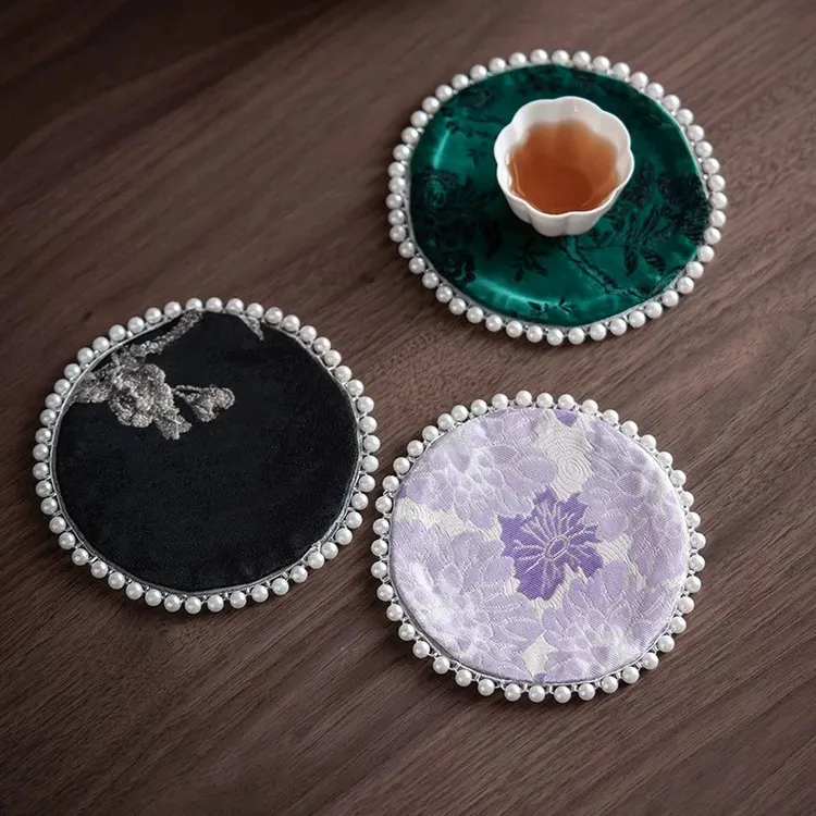 新中式织锦珍珠杯边杯垫家用茶杯托布艺防烫隔热茶道中式复古配件