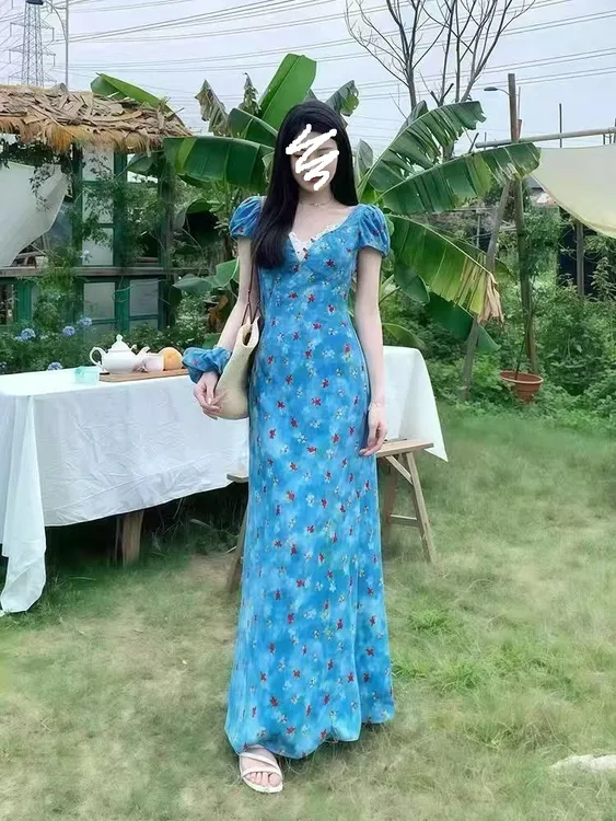 碎花有胸垫鱼尾裙配头花显瘦遮肚子气质百搭韩系连衣长裙2553#@