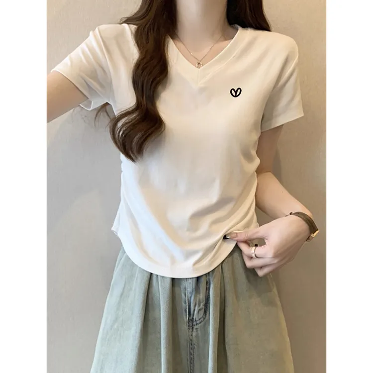 2025年新款正肩V领收腰短袖女t恤小众设计感侧边褶皱洋气上衣夏季