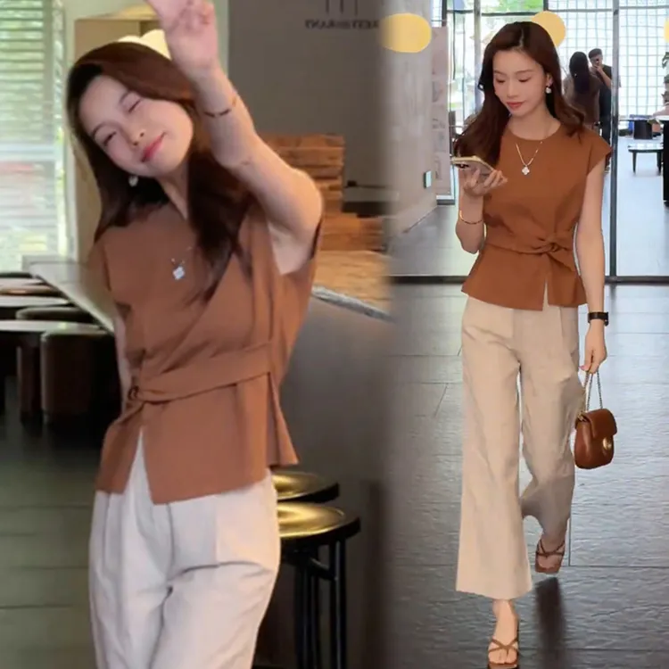 夏装搭配一整套别致设计感小众绝美气质上衣女阔腿休闲裤两件套装