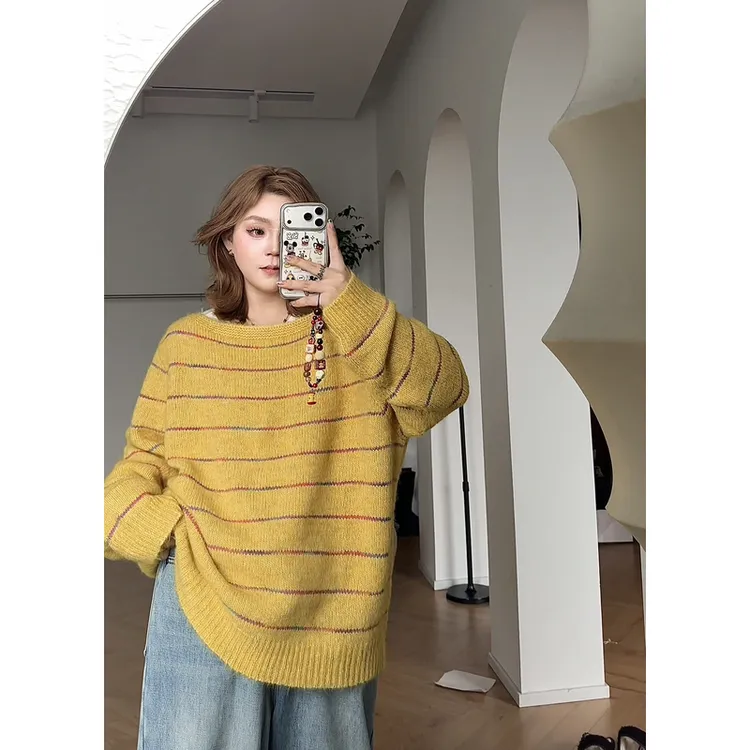 【瘦瘦】布拉格之秋-大码秋季新圆领羊毛条纹氛围爆款毛衣女F0060