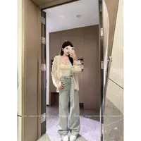 【梨雾纱】温与柔法式蕾丝镂空提花连帽长袖气质时髦星闪牛仔裤