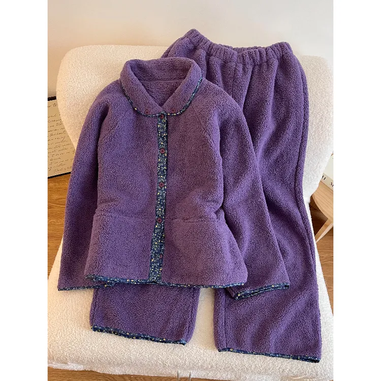 韩系时尚紫色花边珊瑚绒睡衣女冬季新款加厚保暖家居服套装可外穿
