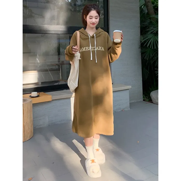 加绒加厚连帽卫衣裙女秋冬季新款小个子慵懒风中长过膝连衣裙