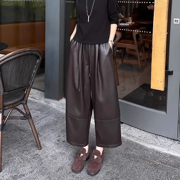 La babite黑色松紧腰皮裤阔腿裤秋冬2025新款高腰宽松直筒九分裤