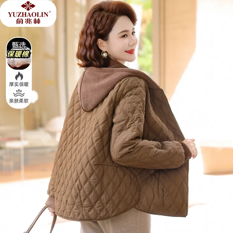 中年妈妈冬装夹棉外套中老年人女装秋冬季棉袄轻薄洋气大码棉衣服