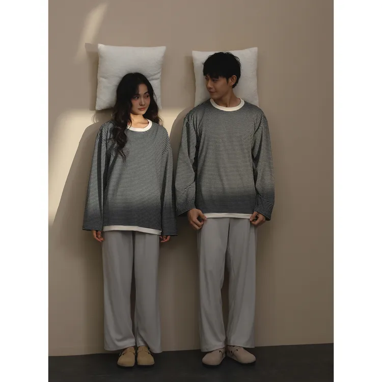 【德绒】美家臣情侣睡衣男女秋冬季双面磨毛条纹套装新款保暖家居