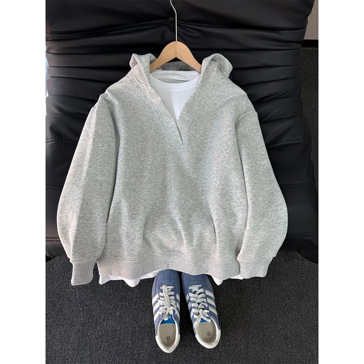 美式V领假两件连帽卫衣男女款秋冬加绒设计感重磅休闲情侣外套潮