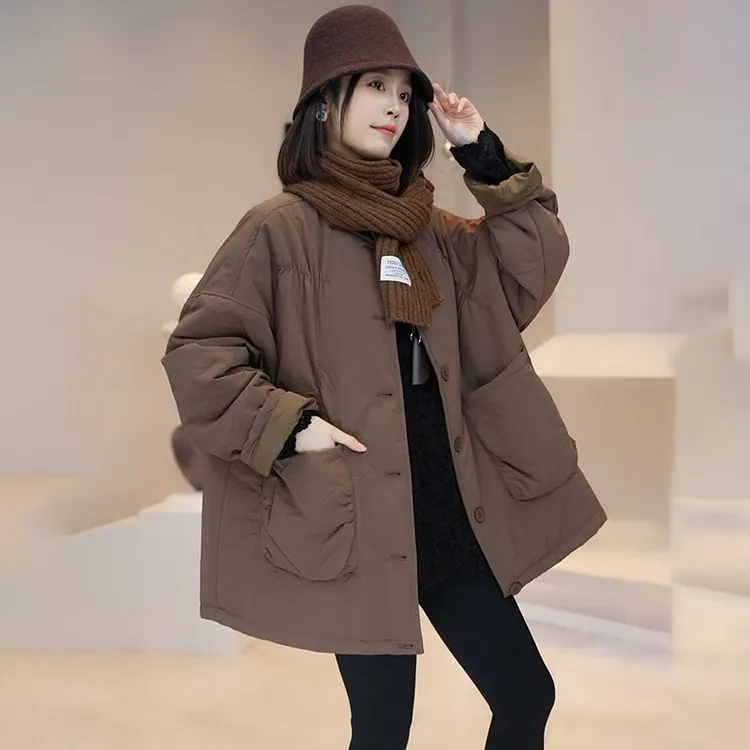 复古高级咖色夹棉棉衣女冬季韩版穿搭新款百搭棉服独特超好看外套
