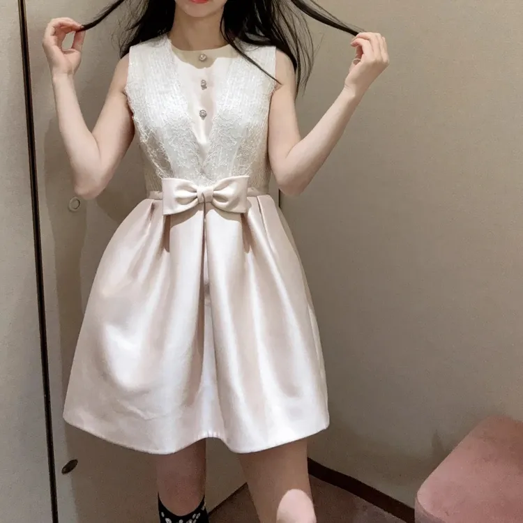 SZSALI 定制粉色蝴蝶结蕾丝拼接收腰公主风连衣裙甜美气质新品