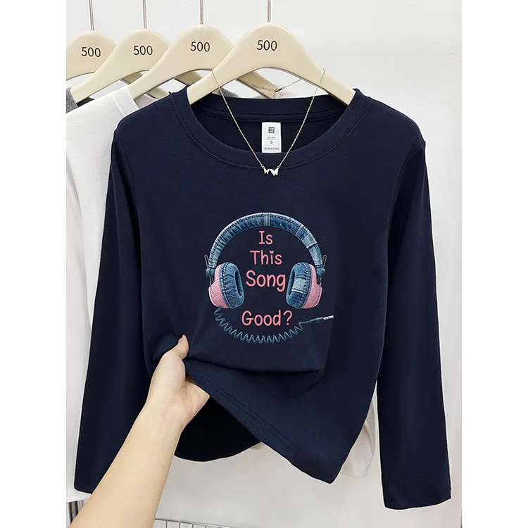 藏蓝色耳机印花正肩长袖t恤女秋冬季胖mm大码时尚圆领打底衫上衣
