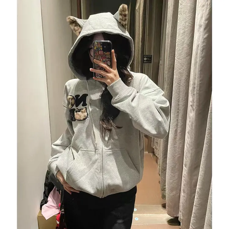 美式豹纹毛绒猫头贴布绣耳朵潮牌刺绣字母连帽衫小众设计感卫衣女