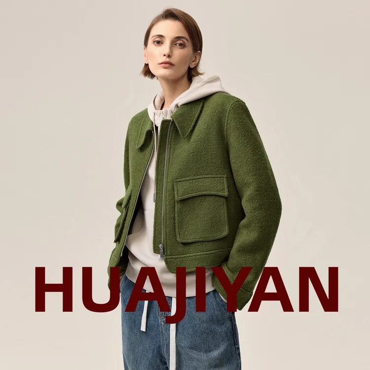 华吉言/HUAJIYAN【绿光】100澳毛立裁随性夹克款挺廓毛呢外套