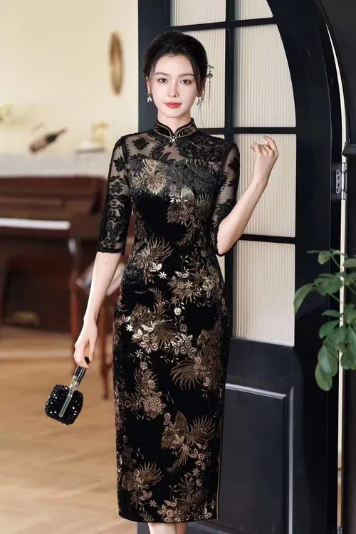 【凤凰展翅】网纱植绒提花气质时尚修身高端丝绒烫金苏州旗袍