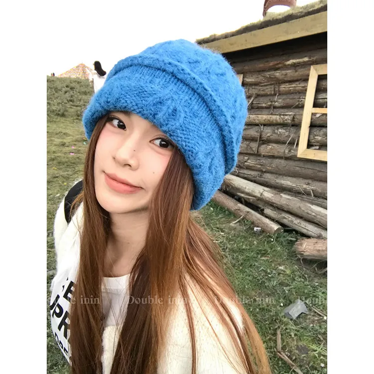 韩版绞花针织毛线帽女时髦保暖冷帽百搭显脸小包头帽