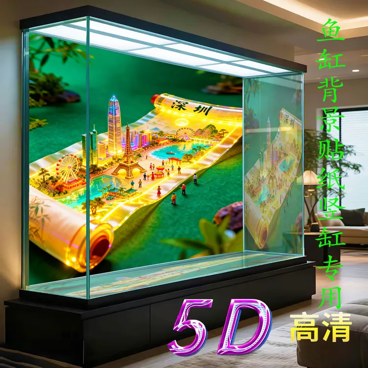 【竖缸专用】鱼缸背景纸画高清图3d立体城市风光图水族箱贴纸造景