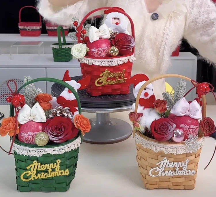 春节圣诞节红色花篮木片编织手提篮鲜花礼品篮子新年花篮
