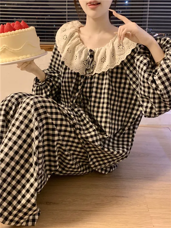 韩国ins甜美花边格子纯棉睡衣女款春秋季长袖长裤宽松格纹家居服