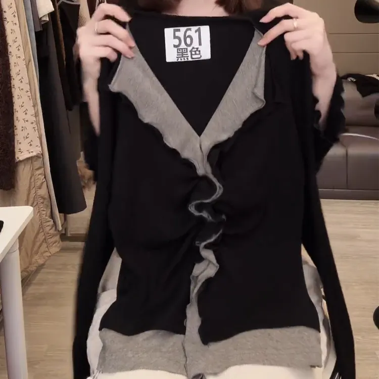 2025新款 荷叶边翻领气质长袖T恤女时尚修身显瘦百搭上衣